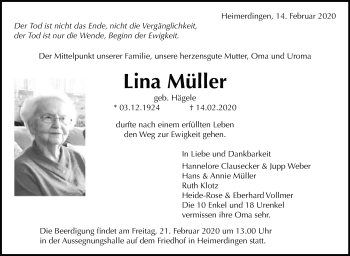 Traueranzeige von Lina Müller von Leonberger Kreiszeitung / Strohgäu Extra