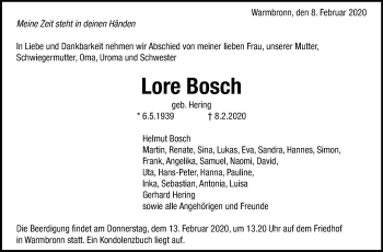 Traueranzeige von Lore Bosch von Leonberger Kreiszeitung / Strohgäu Extra