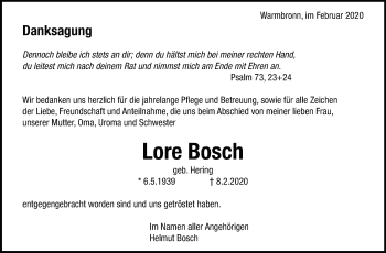 Traueranzeige von Lore Bosch von Leonberger Kreiszeitung / Strohgäu Extra