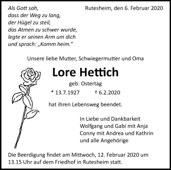 Traueranzeige von Lore Hettich von Leonberger Kreiszeitung / Strohgäu Extra