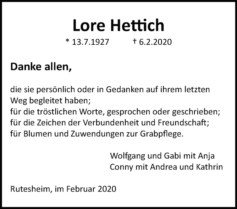  Traueranzeige für Lore Hettich vom 19.02.2020 aus Leonberger Kreiszeitung / Strohgäu Extra