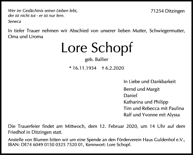  Traueranzeige für Lore Schopf vom 08.02.2020 aus Leonberger Kreiszeitung / Strohgäu Extra