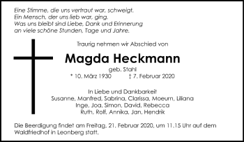 Traueranzeige von Magda Heckmann von Leonberger Kreiszeitung / Strohgäu Extra