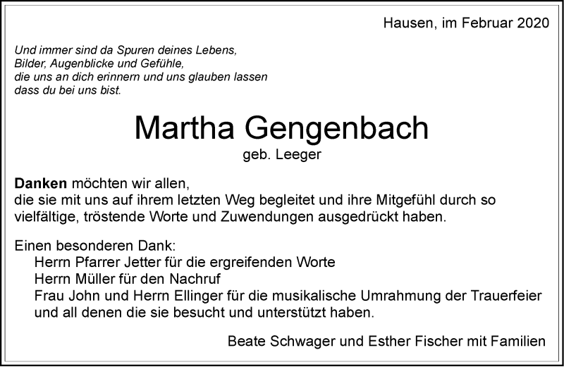  Traueranzeige für Martha Gengenbach vom 12.02.2020 aus Leonberger Kreiszeitung / Strohgäu Extra
