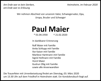 Traueranzeige von Paul Maier von Leonberger Kreiszeitung / Strohgäu Extra
