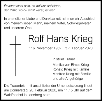 Traueranzeige von Rolf Hans Krieg von Leonberger Kreiszeitung / Strohgäu Extra