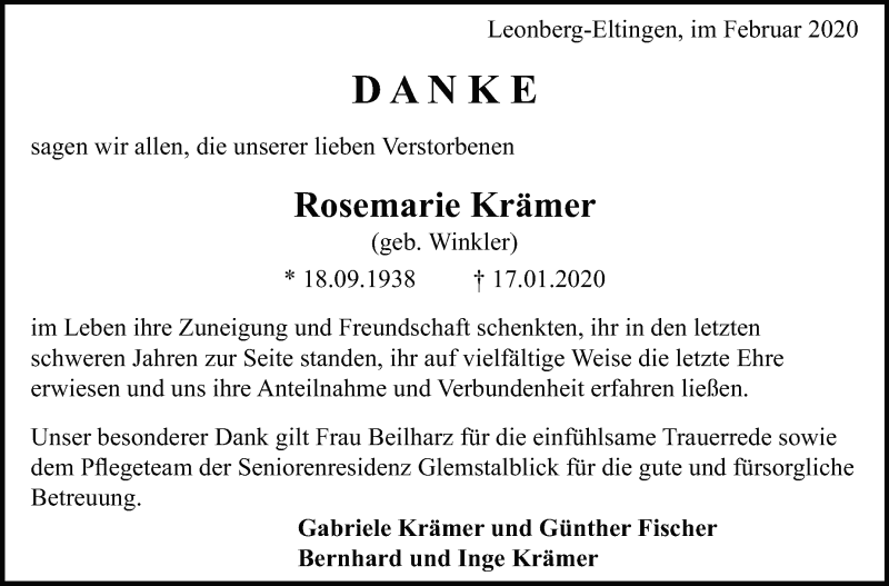  Traueranzeige für Rosemarie Krämer vom 08.02.2020 aus Leonberger Kreiszeitung / Strohgäu Extra