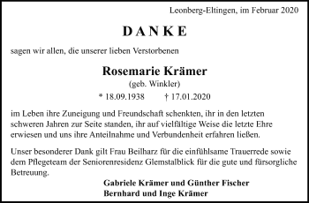 Traueranzeige von Rosemarie Krämer von Leonberger Kreiszeitung / Strohgäu Extra