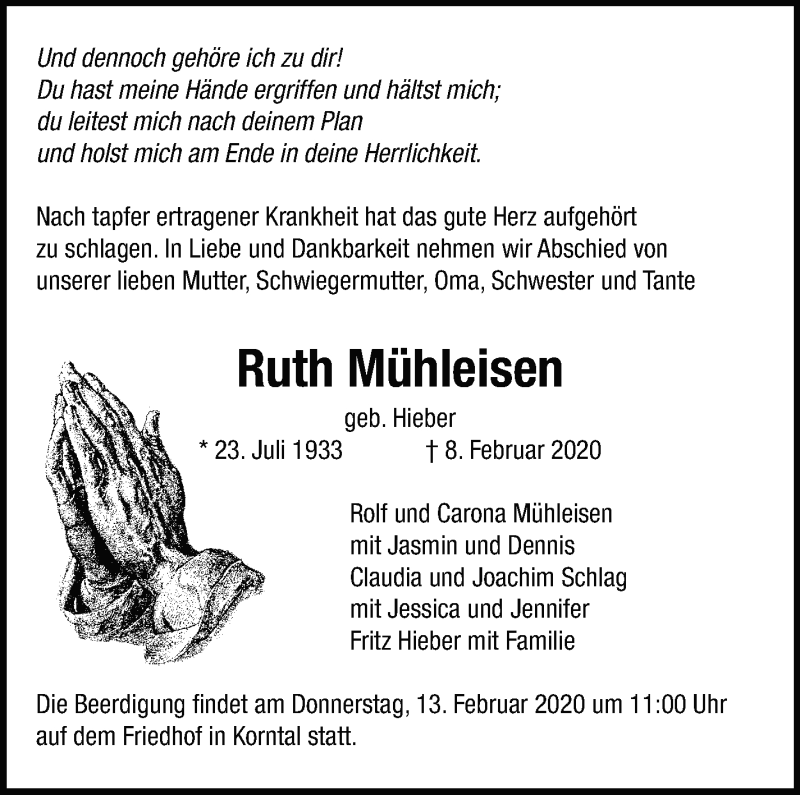  Traueranzeige für Ruth Mühleisen vom 11.02.2020 aus Leonberger Kreiszeitung / Strohgäu Extra