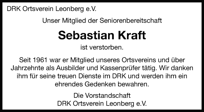  Traueranzeige für Sebastian Kraft vom 08.02.2020 aus Leonberger Kreiszeitung / Strohgäu Extra