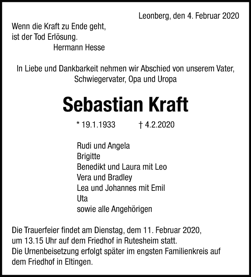  Traueranzeige für Sebastian Kraft vom 08.02.2020 aus Leonberger Kreiszeitung / Strohgäu Extra