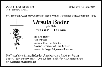 Traueranzeige von Ursula Bader von Leonberger Kreiszeitung / Strohgäu Extra