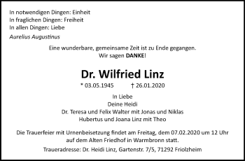 Traueranzeige von Wilfried Linz von Leonberger Kreiszeitung / Strohgäu Extra