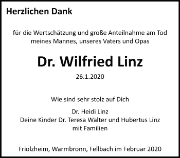 Traueranzeige von Wilfried Linz von Leonberger Kreiszeitung / Strohgäu Extra
