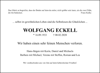 Traueranzeige von Wofgang Eckell von Leonberger Kreiszeitung / Strohgäu Extra