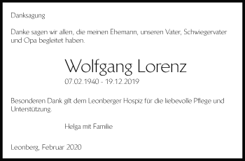 Traueranzeige von Wolfgang Lorenz von Leonberger Kreiszeitung / Strohgäu Extra