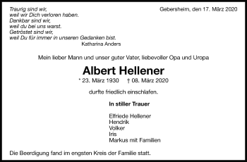 Traueranzeige von Albert Hellener von Leonberger Kreiszeitung / Strohgäu Extra