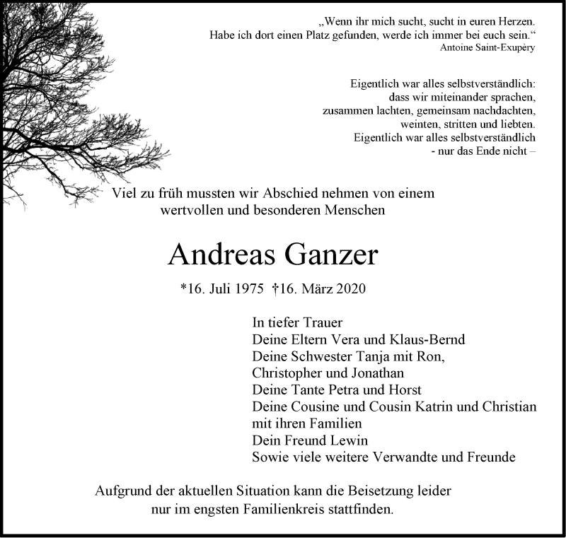  Traueranzeige für Andreas Ganzer vom 21.03.2020 aus Leonberger Kreiszeitung / Strohgäu Extra