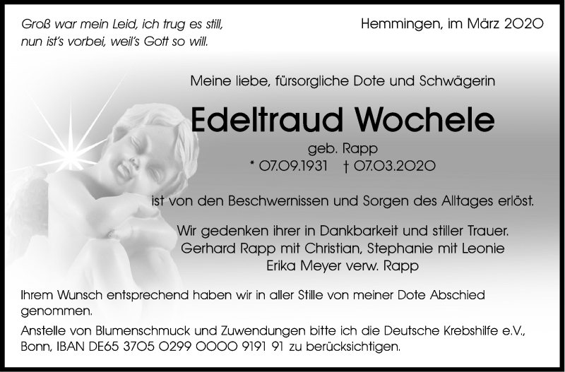  Traueranzeige für Edeltraud Wochele vom 17.03.2020 aus Leonberger Kreiszeitung / Strohgäu Extra