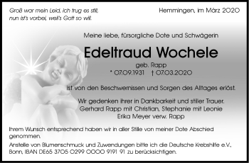 Traueranzeige von Edeltraud Wochele von Leonberger Kreiszeitung / Strohgäu Extra