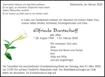 Traueranzeige von Elfriede Bantscheff von Leonberger Kreiszeitung / Strohgäu Extra