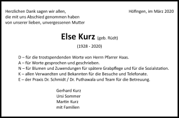Traueranzeige von Else Kurz von Leonberger Kreiszeitung / Strohgäu Extra
