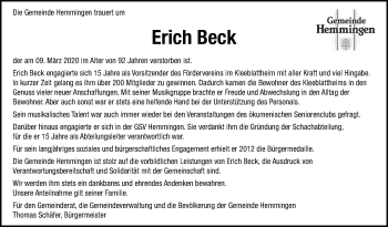 Traueranzeige von Erich Beck von Leonberger Kreiszeitung / Strohgäu Extra