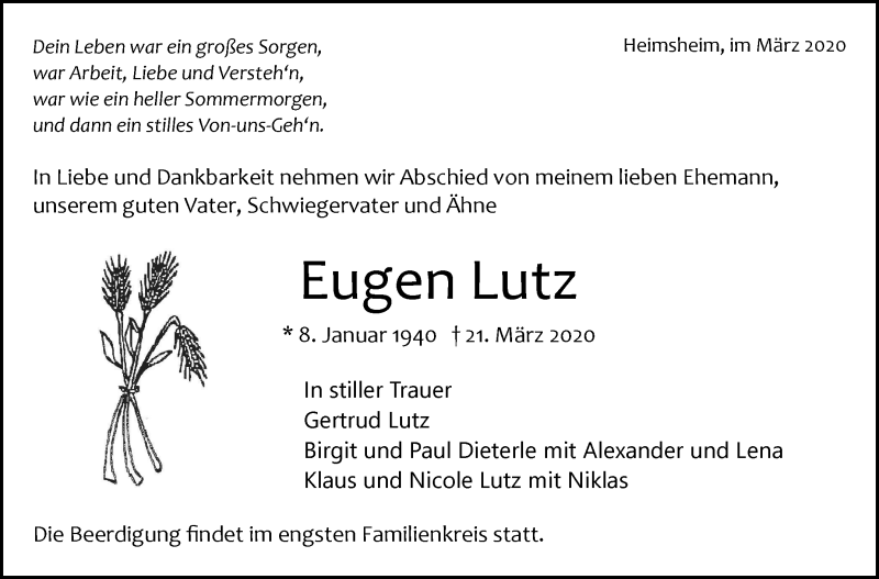  Traueranzeige für Eugen Lutz vom 24.03.2020 aus Leonberger Kreiszeitung / Strohgäu Extra