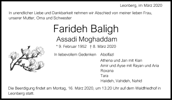 Traueranzeige von Farideh Baligh von Leonberger Kreiszeitung / Strohgäu Extra