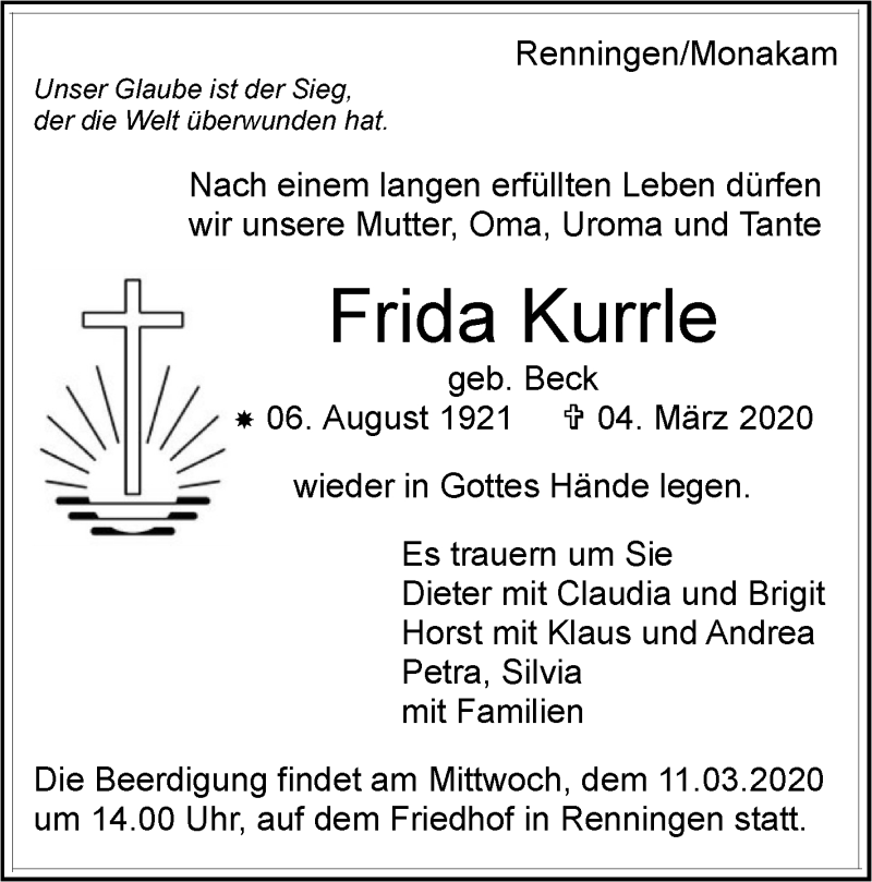  Traueranzeige für Frida Kurrle vom 07.03.2020 aus Leonberger Kreiszeitung / Strohgäu Extra