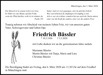 Traueranzeige von Friedrich Bässler von Leonberger Kreiszeitung / Strohgäu Extra