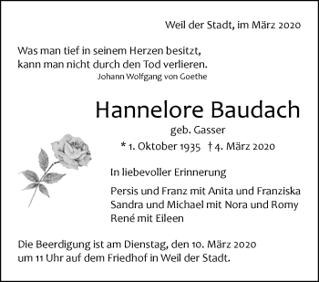Traueranzeige von Hannelore Baudach von Leonberger Kreiszeitung / Strohgäu Extra
