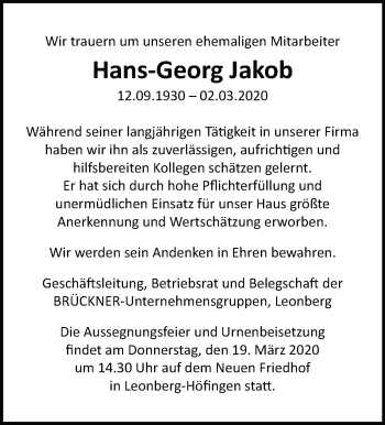Traueranzeige von Hans-Georg Jakob von Leonberger Kreiszeitung / Strohgäu Extra