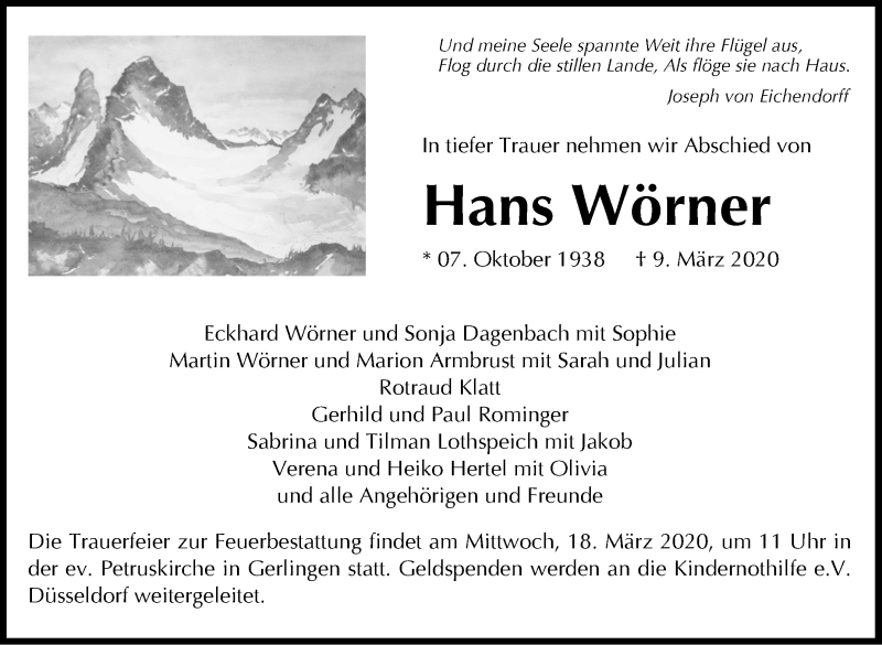  Traueranzeige für Hans Wörner vom 14.03.2020 aus Leonberger Kreiszeitung / Strohgäu Extra
