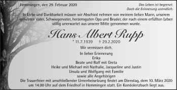 Traueranzeige von Hans Albert Rupp von Leonberger Kreiszeitung / Strohgäu Extra