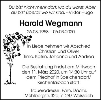 Traueranzeige von Harald Wegmann von Leonberger Kreiszeitung / Strohgäu Extra
