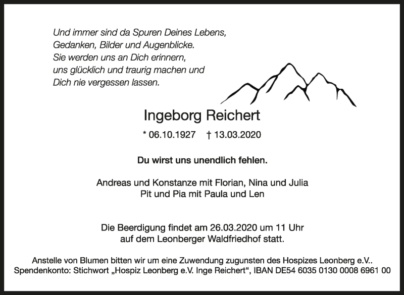  Traueranzeige für Ingeborg Reichert vom 17.03.2020 aus Leonberger Kreiszeitung / Strohgäu Extra