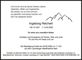 Traueranzeige von Ingeborg Reichert von Leonberger Kreiszeitung / Strohgäu Extra