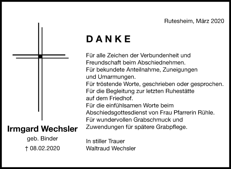  Traueranzeige für Irmgard Wechsler vom 04.03.2020 aus Leonberger Kreiszeitung / Strohgäu Extra