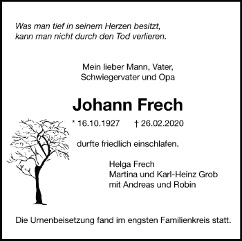 Traueranzeige von Johann Frech von Leonberger Kreiszeitung / Strohgäu Extra