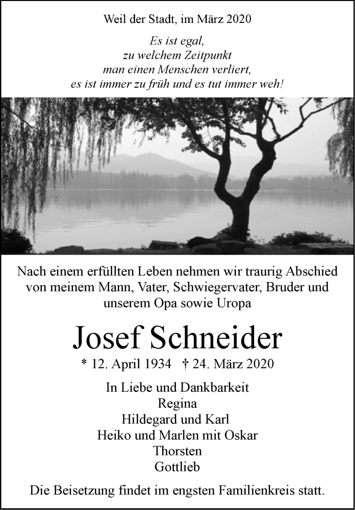  Traueranzeige für Josef Schneider vom 27.03.2020 aus Leonberger Kreiszeitung / Strohgäu Extra