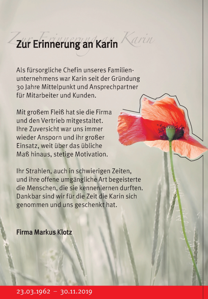  Traueranzeige für Karin Klotz vom 23.03.2020 aus Leonberger Kreiszeitung / Strohgäu Extra