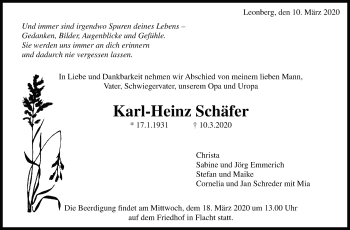 Traueranzeige von Karl-Heinz Schäfer von Leonberger Kreiszeitung / Strohgäu Extra