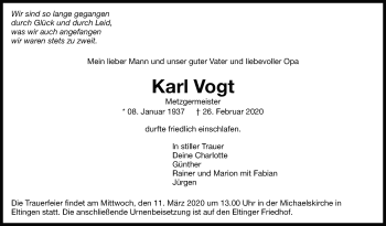 Traueranzeige von Karl Vogt von Leonberger Kreiszeitung / Strohgäu Extra