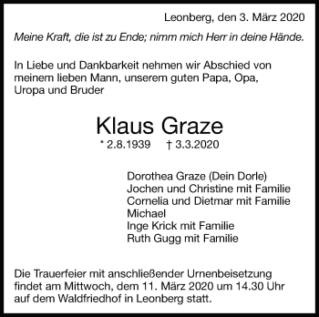 Traueranzeige von Klaus Graze von Leonberger Kreiszeitung / Strohgäu Extra