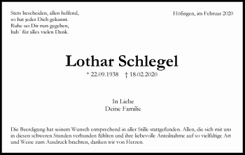 Traueranzeige von Lothar Schlegel von Leonberger Kreiszeitung / Strohgäu Extra