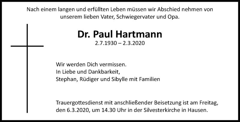  Traueranzeige für Paul Hartmann vom 04.03.2020 aus Leonberger Kreiszeitung / Strohgäu Extra