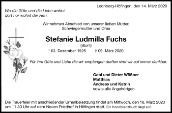 Traueranzeige von Stefanie Ludmilla Fuchs von Leonberger Kreiszeitung / Strohgäu Extra