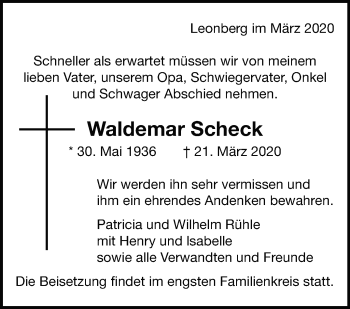 Traueranzeige von Waldemar Scheck von Leonberger Kreiszeitung / Strohgäu Extra