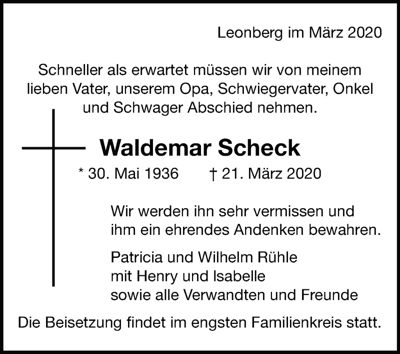  Traueranzeige für Waldemar Scheck vom 28.03.2020 aus Leonberger Kreiszeitung / Strohgäu Extra